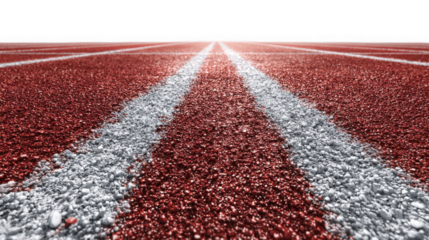 Close up perspective of red running track lanes with white lines isolated on transparent background