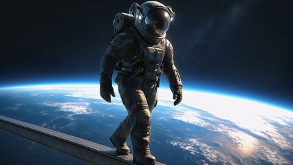 Naklejka premium Astronaut is walking on a metal beam high above earth, performing a spacewalk with the blue curve of the atmosphere and the dark vastness of space as a backdrop