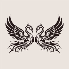 Obraz premium Two symmetrical fantasy birds with wide open wings in decorative tattoo style - Vector Illustration