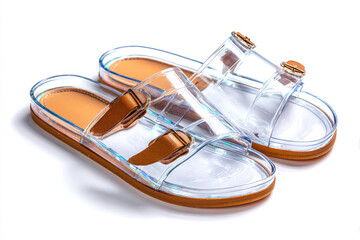Stylish transparent sandals with brown accents on a clean white background, ideal for summer fashion
