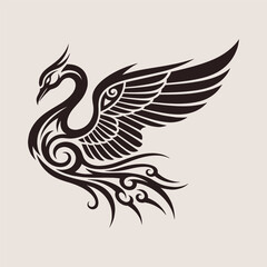 Elegant stylized swan bird with tribal flourish wings in symmetrical tattoo design - Vector Illustration