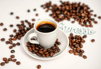 Fototapeta premium Single espresso cup, coffee beans on plate, brush lettering Espresso, white background, dark, simple
