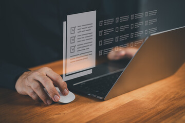 Digital checklist and online survey form shown on a laptop as a user completes tasks, illustrating...