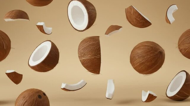 Seamless floating coconuts and coconut pieces rotating in slow motion against beige background