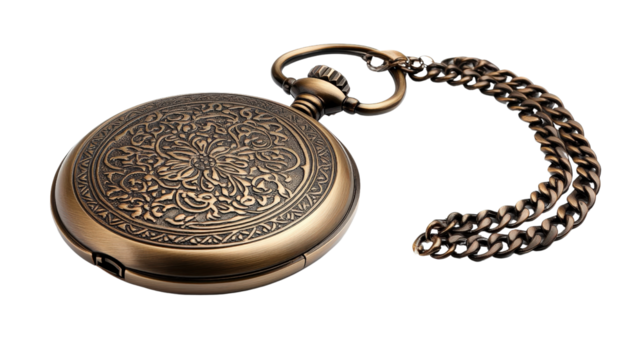 Antique bronze pocket watch with chain,Transparent background, PNG file