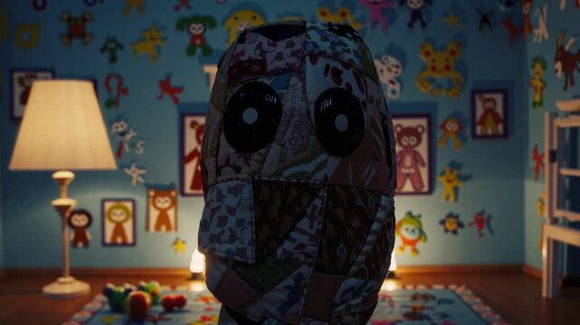  Enfant ou cr&eacute;ature tapie sous une couverture patchwork dans une chambre