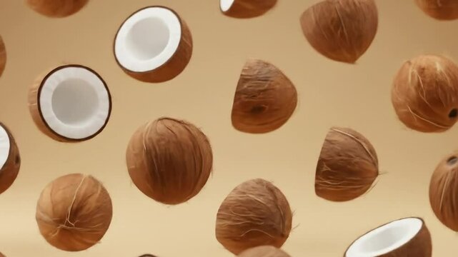 Seamless floating coconuts and shells creating a natural tropical pattern in motion