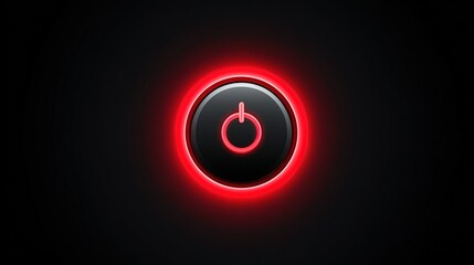 A red-ringed, black power button icon glows intensely against a dark background; the button's symbol is a stylized 'on/off' switch