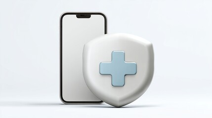 Obraz premium Smartphone mockup front view next to shield with cross symbol, digital health services