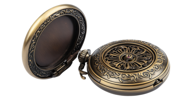 Antique pocket watch with open cover,Transparent background, PNG file - Powered by Adobe