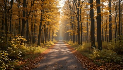 Fototapeta premium Peaceful forest path with golden autumn leaves, soft light filtering through trees, dreamy natural setting