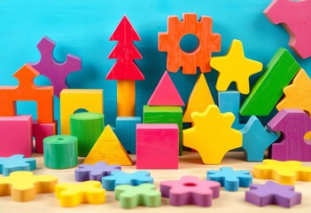 Brightly colored wooden blocks, shapes, and puzzles for kids,  kids toys,  blocks