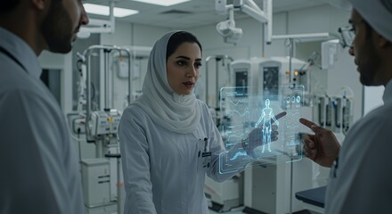Three medical professionals collaborate using a futuristic holographic interface displaying anatomical data in a modern hospital setting.