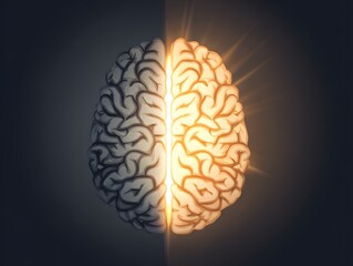 A striking depiction of the human brain, showcasing its duality. On one side, a more structured, logical representation, and on the other, a glowing, creative counterpart.