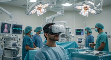 Immersive Surgical Training: A surgeon uses virtual reality technology in a modern operating room, surrounded by colleagues.