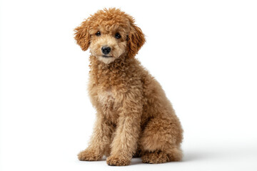 Adorable fluffy poodle puppy sitting gracefully on a white background, exuding charm and playfulness