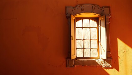 Obraz premium A vibrant Siena wall, sunlit window reveals textured plaster, ochre hues, perspective, old