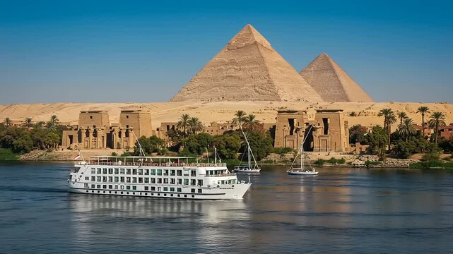 Nile River cruise ship sailing with Egyptian pyramids in Giza as background scene