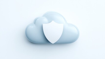 Fototapeta premium A light blue, 3D rendered cloud icon with a white shield centered on it, symbolizing cloud security or data protection, set against a pale blue background
