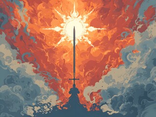 A symbolic illustration presents an epic sword thrust through the sky, symbolizing strength, valor and divine intervention. The scene is filled with vibrant colours of fire and celestial clouds.