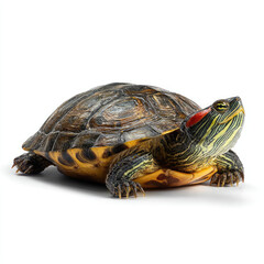 Obraz premium A close-up view of a red-eared slider turtle basking on a rock, surrounded by a serene aquatic environment