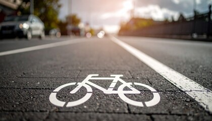 Bike Lane on City Street: A close-up view of a bicycle lane marking painted on a city street, symbolizing urban cycling and sustainable transportation.  The background is softly blurred.