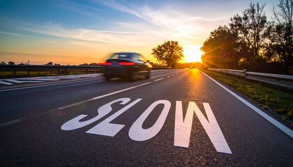 Sunset Drive Slow: A car drives towards a vibrant sunset on a highway with a "SLOW" sign painted on the road.