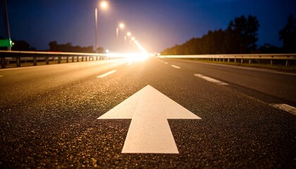 Road Ahead: White arrow on asphalt road at night, guiding toward a bright future.