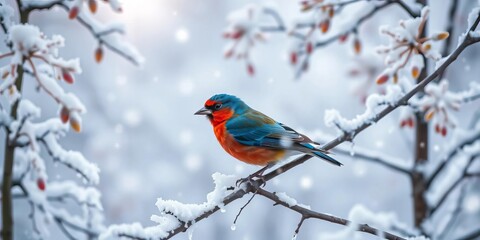 Naklejka premium A vividly colored bird amidst frosted trees and swirling snow, fairytale, majestic