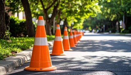Traffic Cones Lining a Street: A row of vibrant orange traffic cones with white stripes stands in a line along a residential street, creating a visual representation of caution and safety.