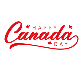 Happy Canada Day Typography Red Script and Bold Letters with Maple Leaf Icons on White Background Red Lettering Festive Canadian Holiday