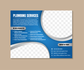Plumbing service social media post vector with blue gradient background. quality business promotional web banner design with creative shapes. farming business poster template with photo placeholders