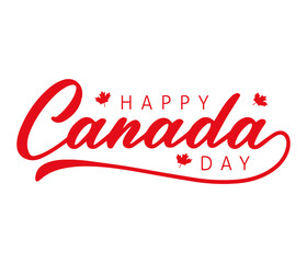 Happy Canada Day Typography Red Script and Bold Letters with Maple Leaf Icons on White Background Red Lettering Festive Canadian Holiday