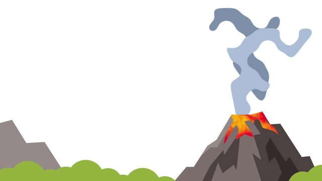 A volcano erupts near a peaceful green valley, contrasting the lush vegetation with violent smoke and lava, a clash of life and geological force