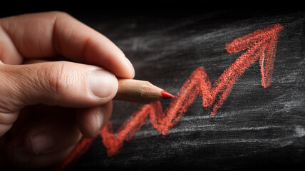 Hand sketches rising bar chart on chalkboard demonstrating business growth planning and performance analytics.
