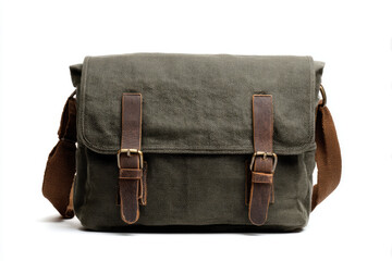 Vintage canvas messenger bag with leather accents, placed on a white background for product display