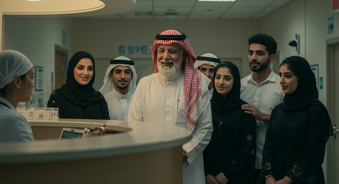 A multigenerational family awaits patiently at a hospital reception desk, showcasing diverse cultural attire and a hopeful atmosphere. - Powered by Adobe