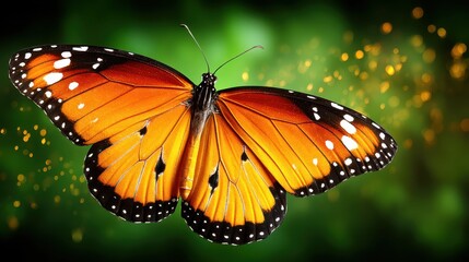 Obraz premium Close-up of a vibrant monarch butterfly with open wings against a blurred green background