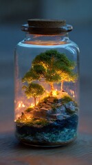A miniature landscape with trees and lights inside a glass jar sealed with a cork stopper