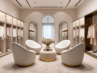 Luxury modern walk-in closet interior with elegant white chairs, center table, arched doorway, and organized wardrobe shelves, designed with minimalist and sophisticated aesthetics

