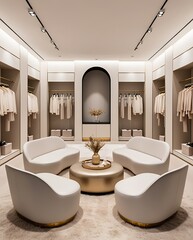 Luxury modern walk-in closet interior with elegant white chairs, center table, arched doorway, and organized wardrobe shelves, designed with minimalist and sophisticated aesthetics

