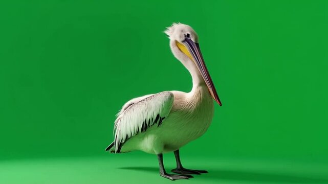 A standing pelican with white feathers and a long beak against a green screen background green screen bird video