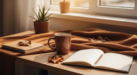 Cozy Autumn Still Life: Coffee, Journal, and Warm Knit Blanket