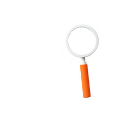 A white magnifying glass with an orange handle is centered against a black background.