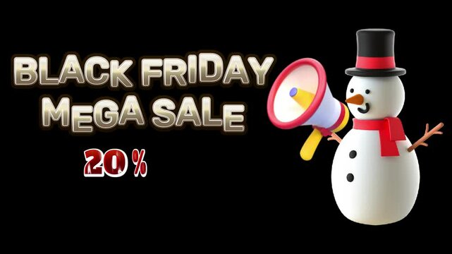 Black friday mega sale with snowman holding megaphone on a black background promotion image