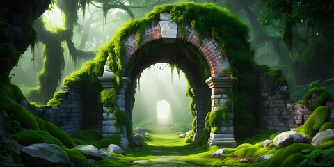 Mysterious ancient stone archway covered in moss and surrounded by lush green forest, glowing with soft magical light, creating a surreal fantasy landscape full of wonder and mystery


