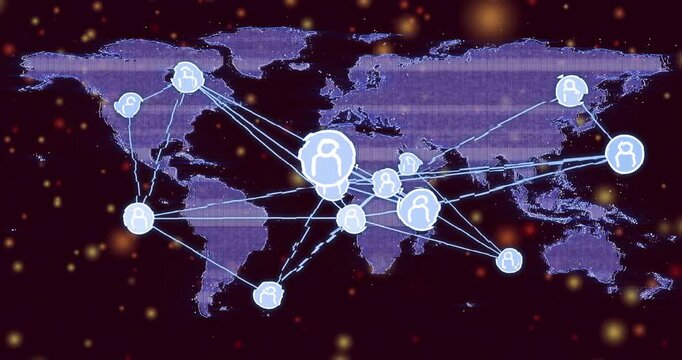 Fading purple map starting user icons appearing globally and linking with blue lines for data flow