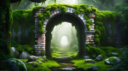 Mysterious ancient stone archway covered in moss and surrounded by lush green forest, glowing with soft magical light, creating a surreal fantasy landscape full of wonder and mystery

