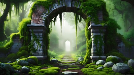 Mysterious ancient stone archway covered in moss and surrounded by lush green forest, glowing with soft magical light, creating a surreal fantasy landscape full of wonder and mystery

