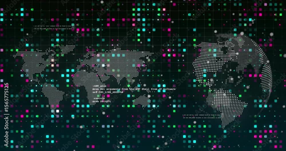 Poster upon startup digital world map and rotating globe pulsing drifting pixels showing data streams